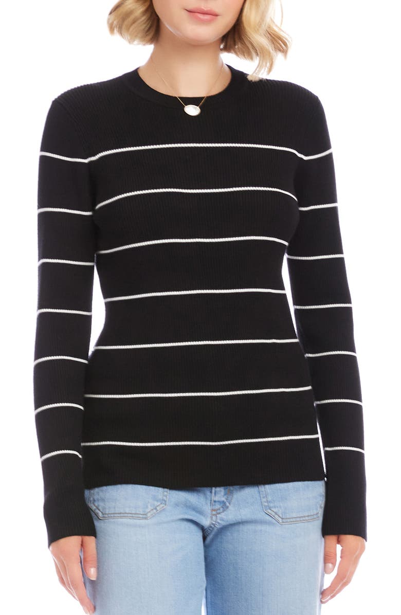 Karen Kane Stripe Rib Crewneck Sweater, Main, color, Black/ Off White