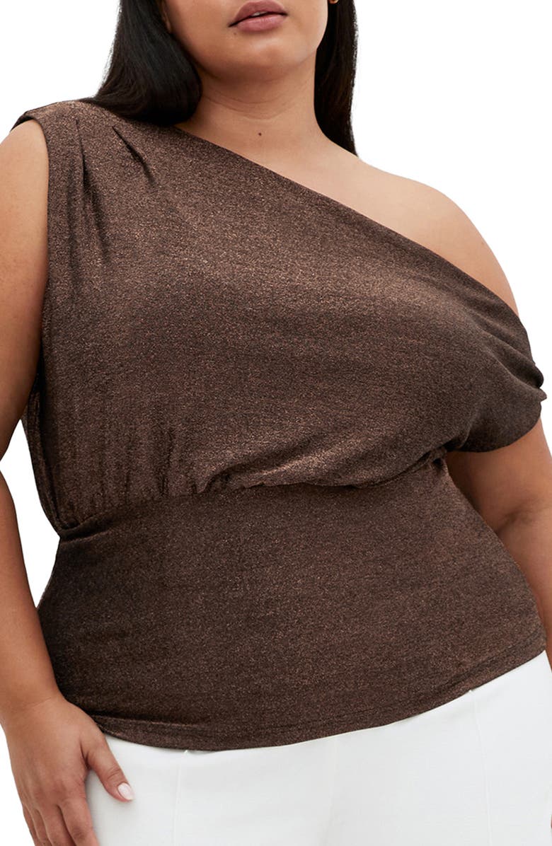 City Chic Paloma Shimmer One-Shoulder Top, Main, color, Bronze