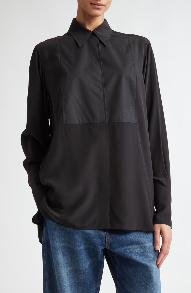 Victoria Beckham Contrast Bib Mixed Media Button-Up Shirt, Alternate, color,