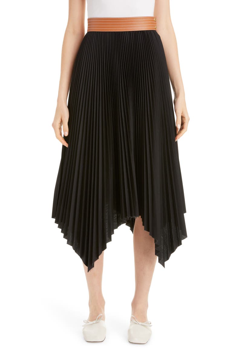 Leather Band Asymmetrical Pleated Midi Skirt, Main, color, BLACK/ TAN