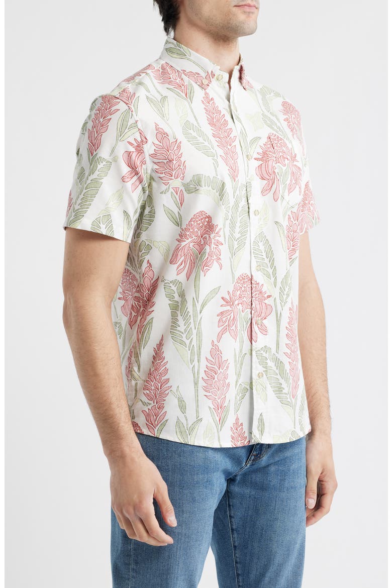 Ginger Burst Short Sleeve Button-Down Cotton Blend Sport Shirt, Alternate, color, WHITE