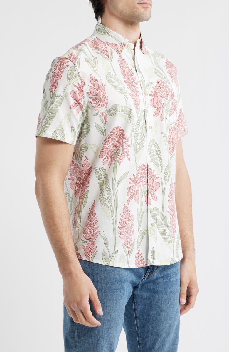 Reyn Spooner Ginger Burst Short Sleeve Button-Down Cotton Blend Sport Shirt, Alternate, color, White