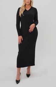 Marion Women
s Ribbed Long Sleeve V-Neck Midi Sweater Dress