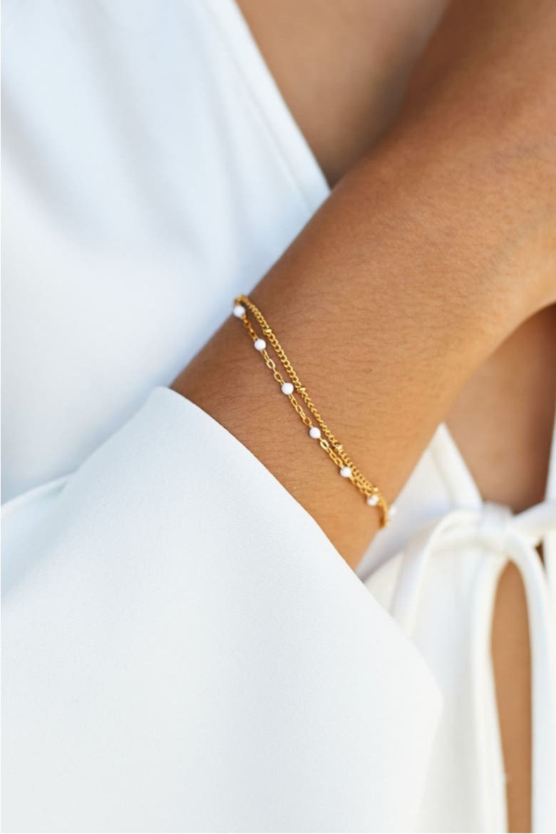 Double White Beaded Bracelet, Alternate, color, Gold