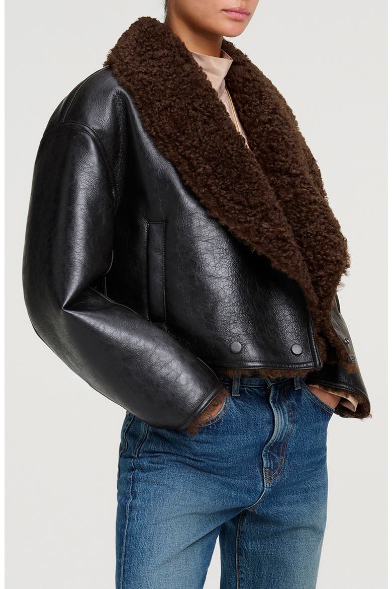 Stella Faux Leather Jacket with Faux Shearling Collar, Alternate, color, DEEPEST BROWN/ PILOT BROWN