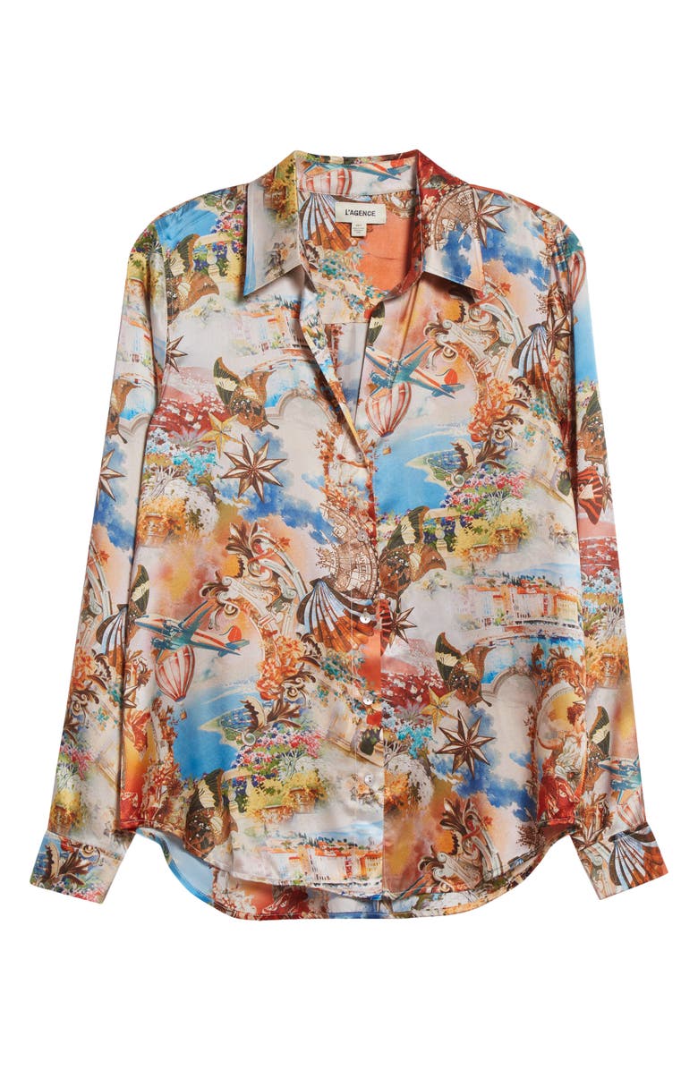L'AGENCE Tyler Collage Print Silk Button-Up Shirt, Alternate, color, Ivory Multi Collage