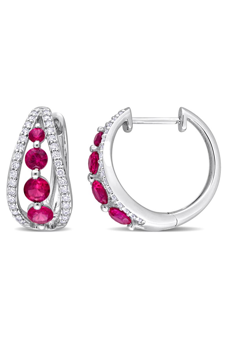 Lab-Created Ruby & Diamond Hoop Earrings 14k, Main, color, Ruby