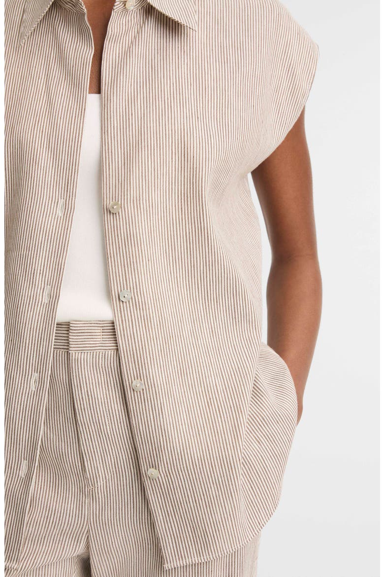 Ticking Stripe Cap Sleeve Linen & Cotton Button-Up Shirt, Alternate, color, TAUPE WOOD