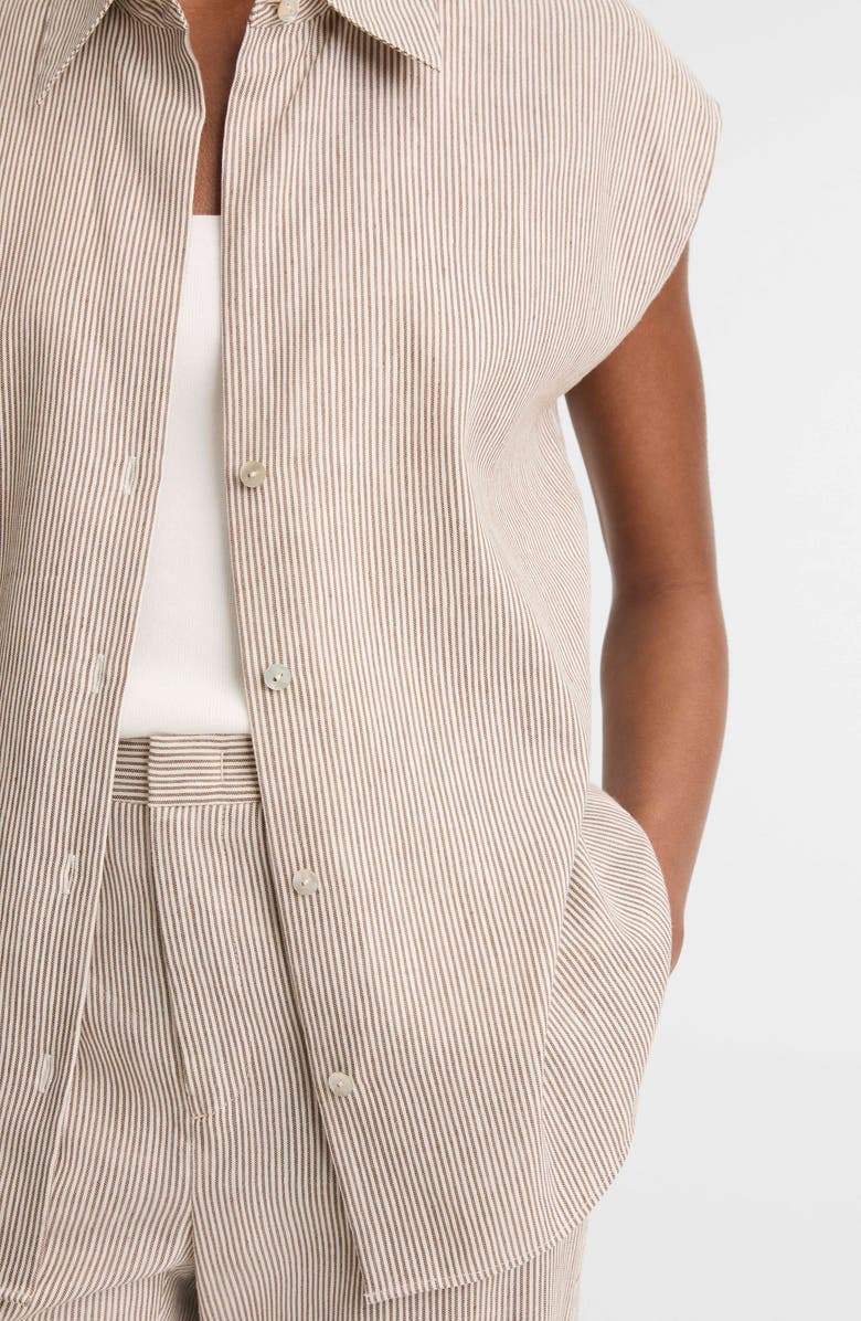 Vince Ticking Stripe Cap Sleeve Linen & Cotton Button-Up Shirt, Alternate, color, Taupe Wood