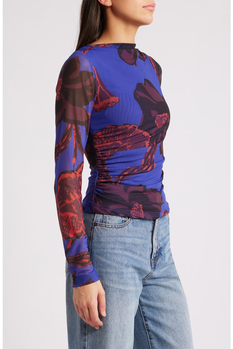 Remy Floral Print Ruched Mesh Top, Alternate, color, LA ROUGE PRINT