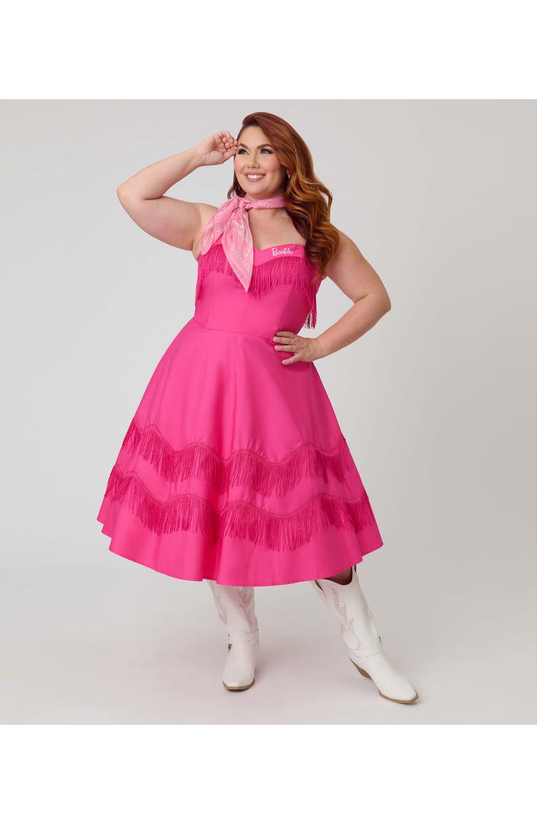 Unique Vintage Plus Size Fringe Swing Dress, Alternate, color, Pink & Black W/ Barbie Logo
