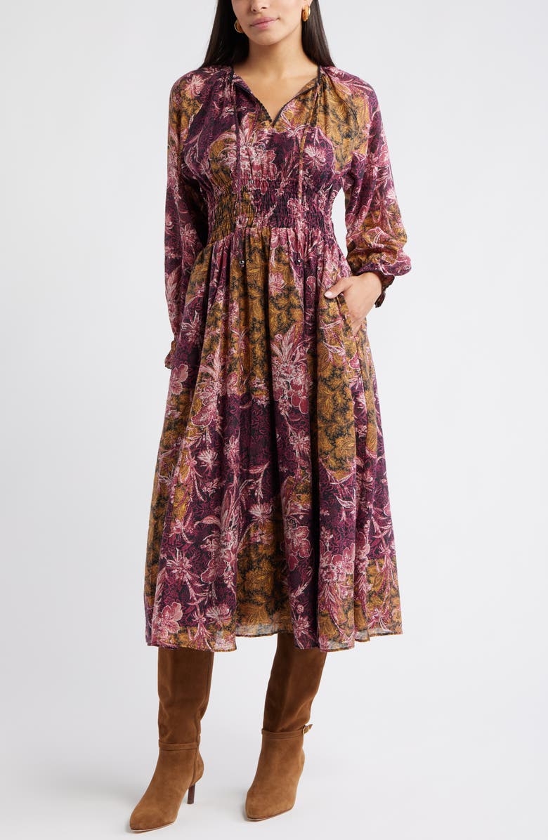 Chelsea28 Long Sleeve Smocked Waist Midi Dress, Main, color, Purple- Yellow Paisley Patch