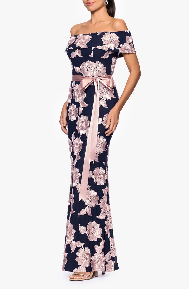 Betsy & Adam Soutache Floral Off the Shoulder Gown, Alternate, color, Navy/ Rose