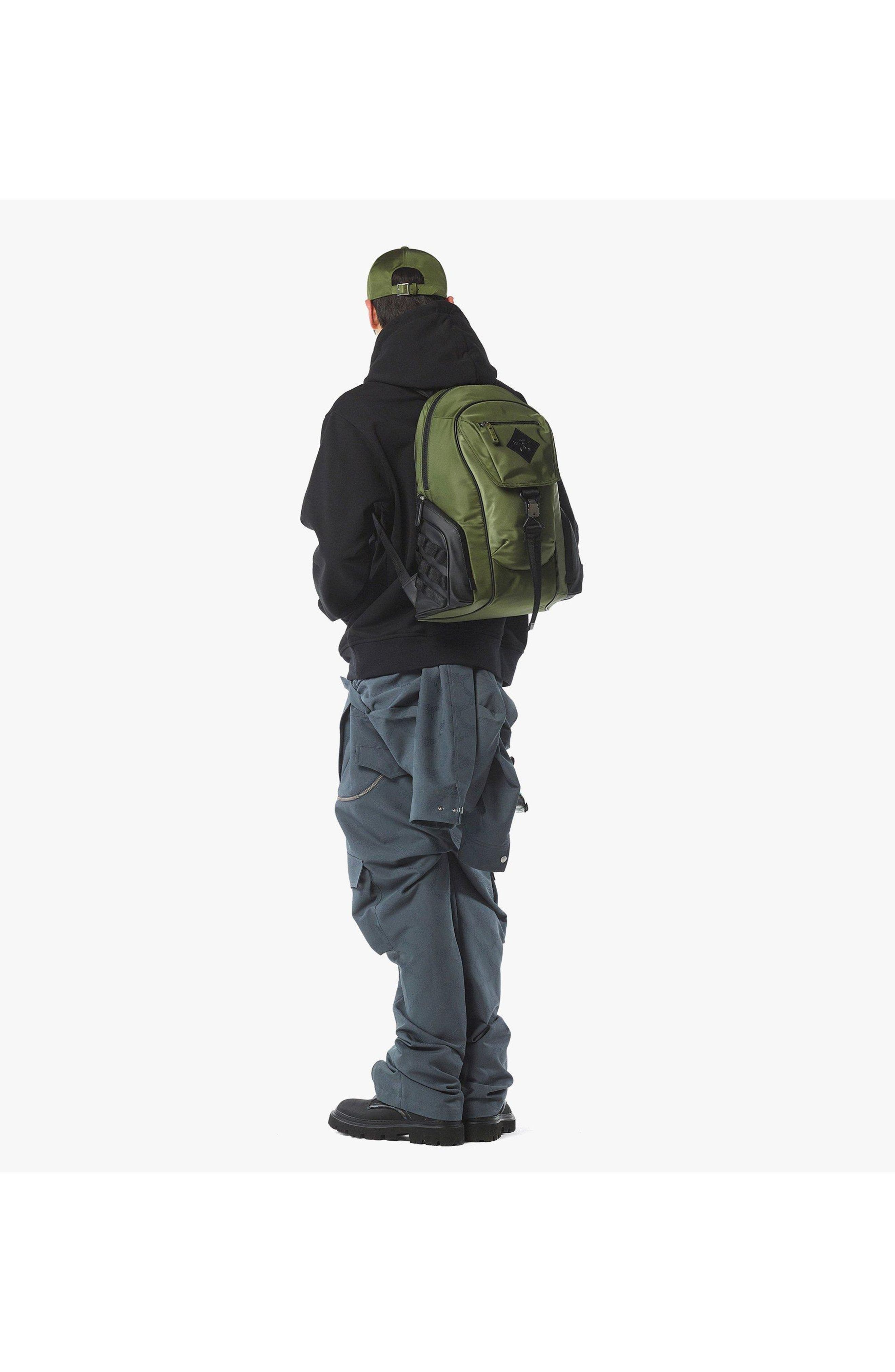MCM Aren Backpack in ECONYLÂ<sup>®</sup> and Monogram Print Leather, Alternate, color, Khaki Moss