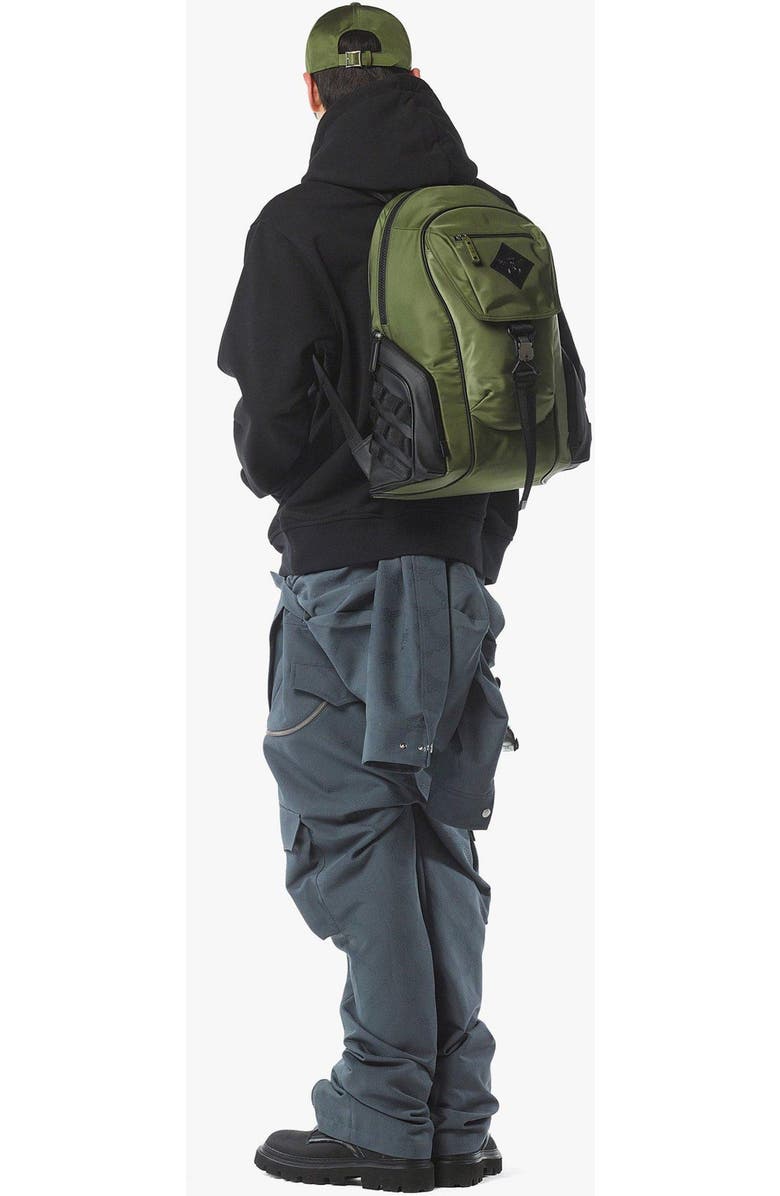 MCM Aren Backpack in ECONYLÂ<sup>®</sup> and Monogram Print Leather, Alternate, color, Khaki Moss