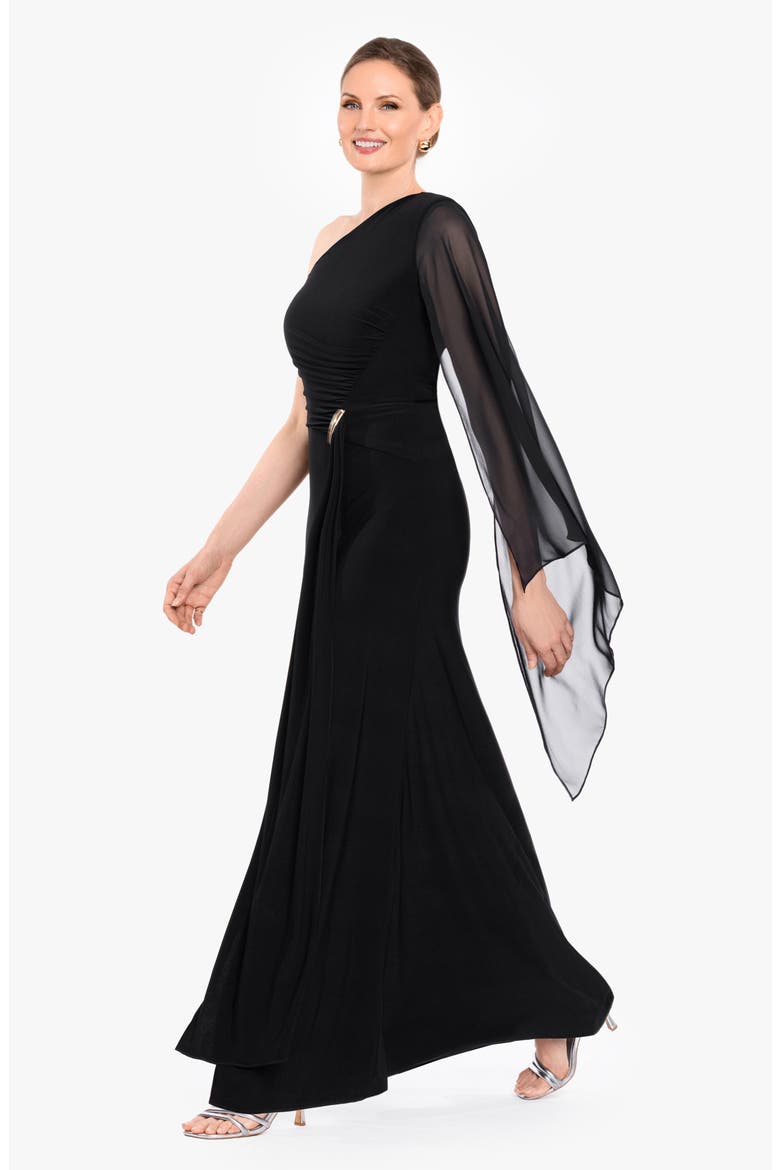 One Shoulder Chiffon Trim Maxi Dress, Alternate, color, BLACK