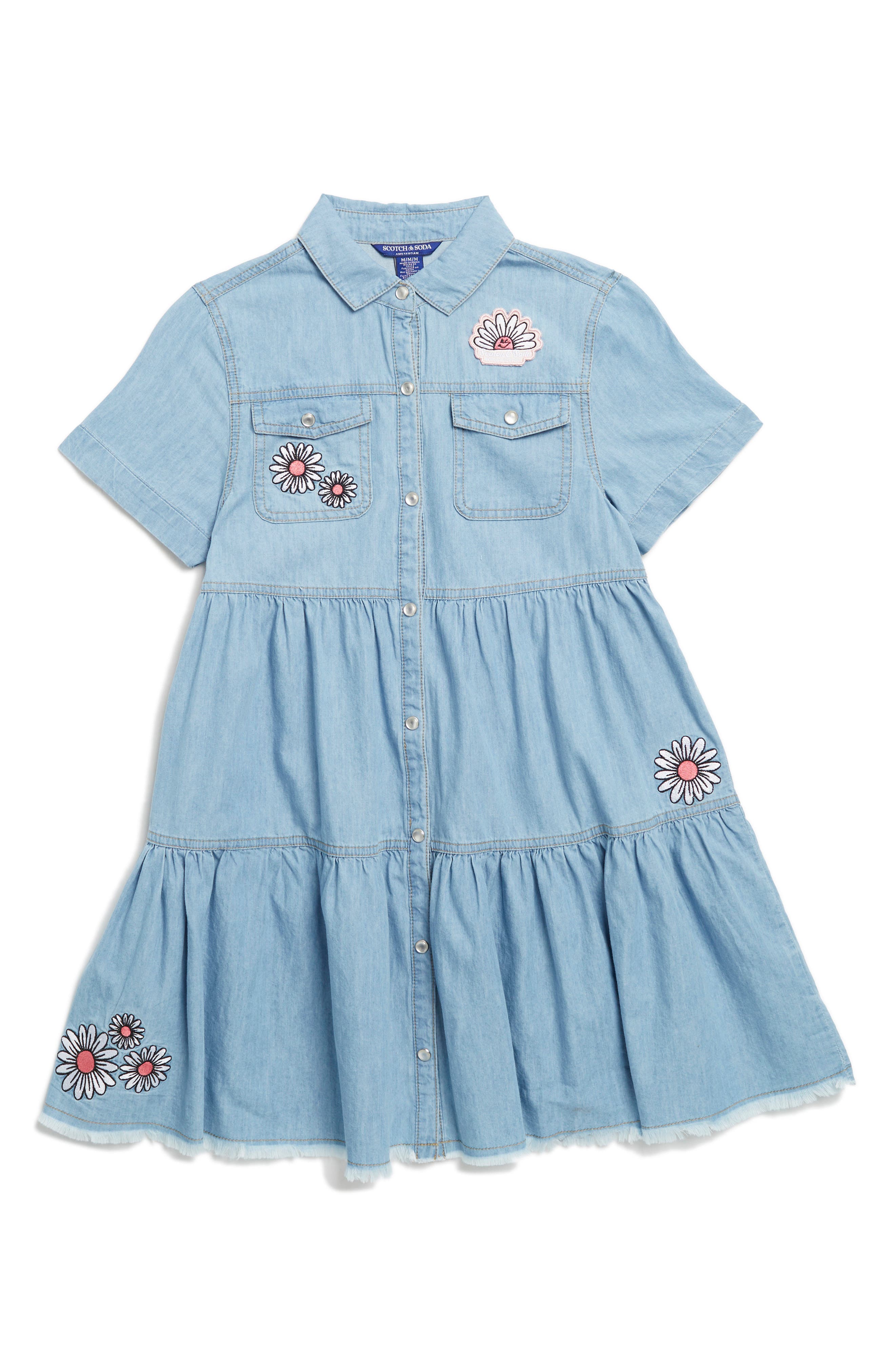 Scotch & Soda Kids' Floral Embroidered Denim Dress
