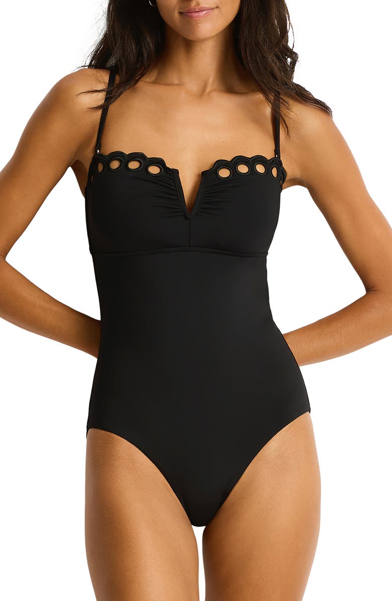 Sea Level Elysian Embroidered V-Notch One-Piece Swimsuit, Main, color, Black
