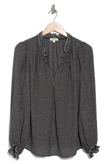 Max Studio Printed Crepe Long Sleeve Top In Black Ivory Polka Dot