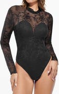 Popilush Shapewear Mock Neck Long Sleeve Floral Lace Bodysuit