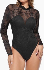 Popilush Shapewear Mock Neck Long Sleeve Floral Lace Bodysuit