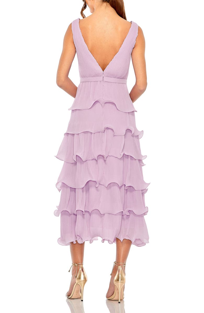 Mac Duggal Deep V Chiffon Sleeveless Ruffle Midi Dress, Alternate, color, Orchid