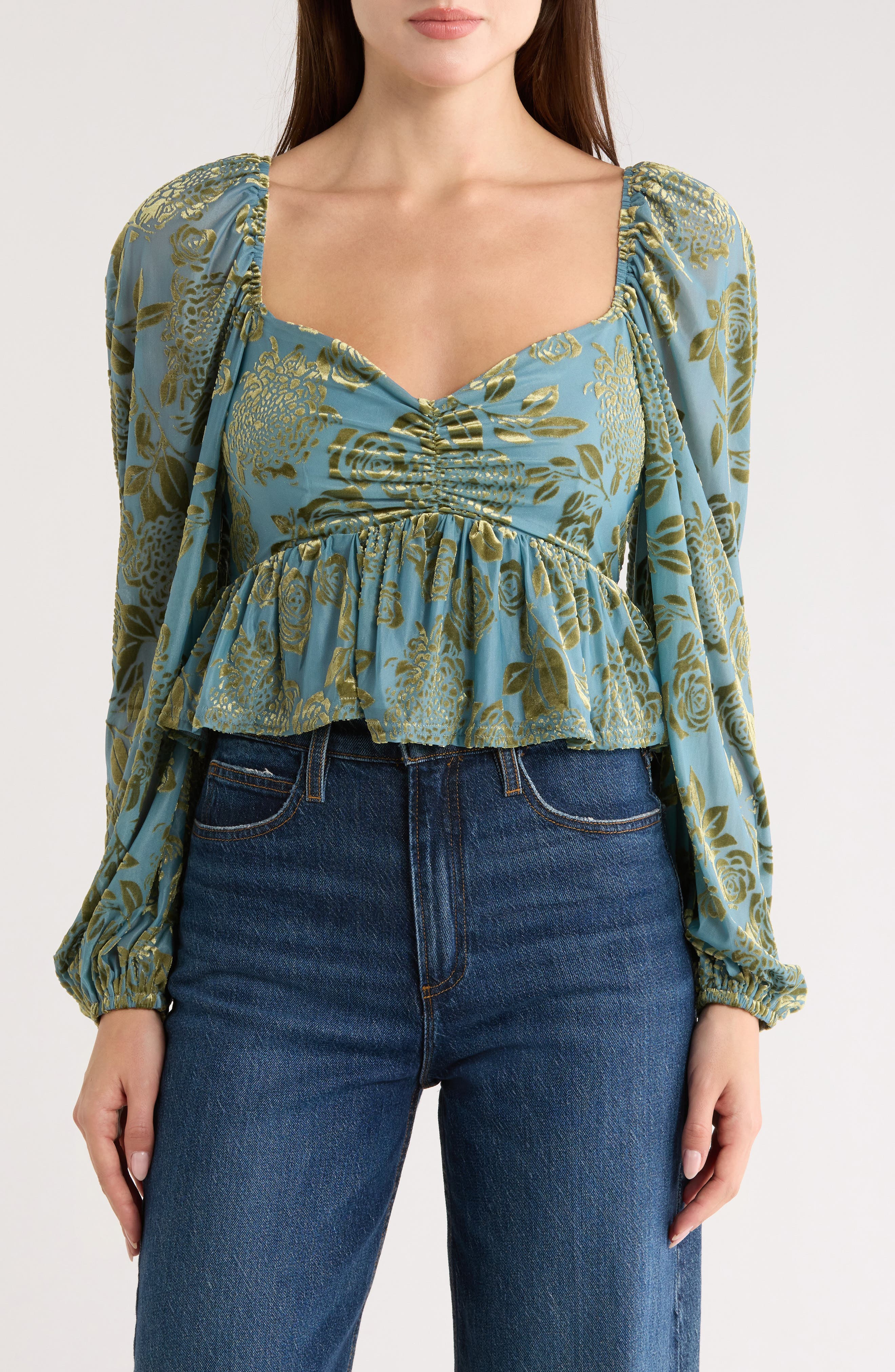 JACQUIE THE LABEL Gabrielle Velvet Burnout Long Sleeve Crop Top