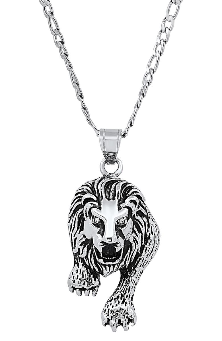 HMY JEWELRY Stainless Steel Prowling Lion Necklace, Main, color, Metallic