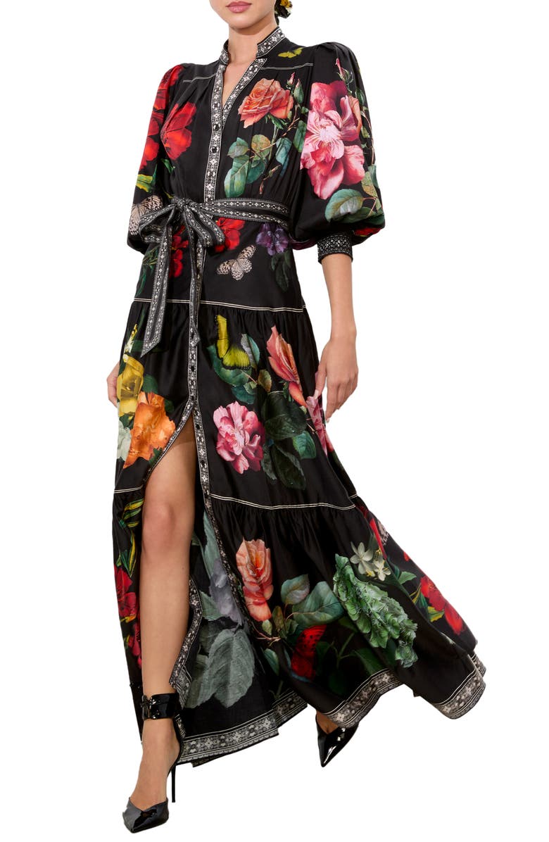 Alice + Olivia Cora Floral & Butterfly Print Voluminous Tiered Maxi Dress, Alternate, color, 