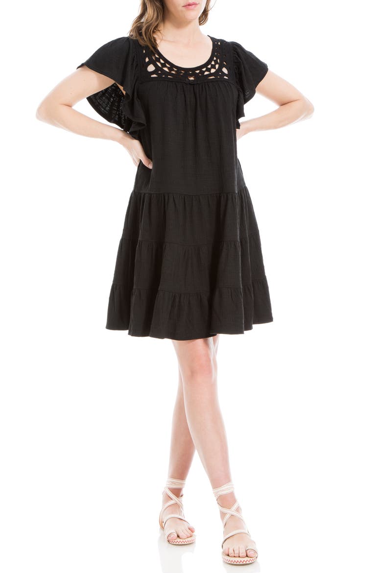 Crochet Trim Tiered Minidress, Alternate, color, BLACK-BLACK
