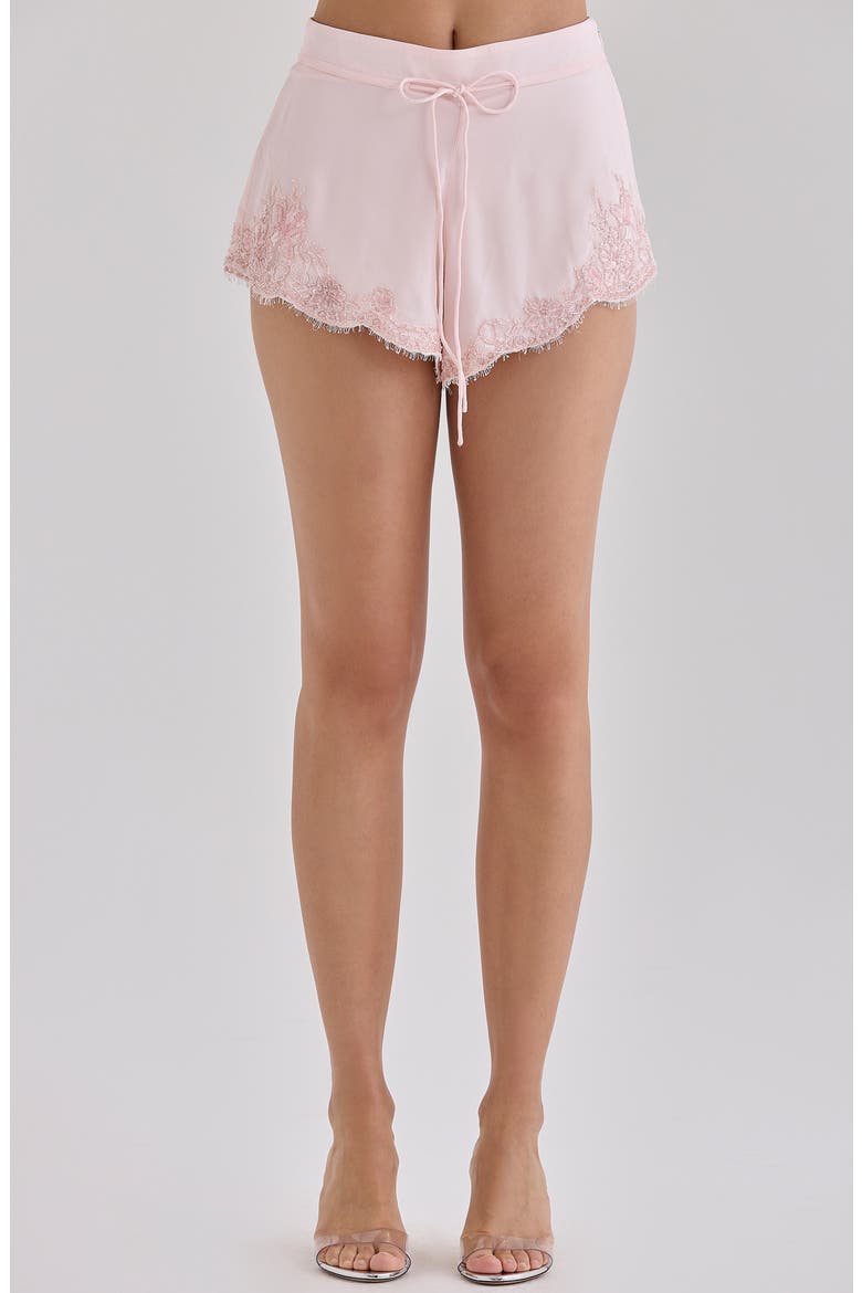 Faye Lace Trim Satin Pajama Shorts, Main, color, PINK