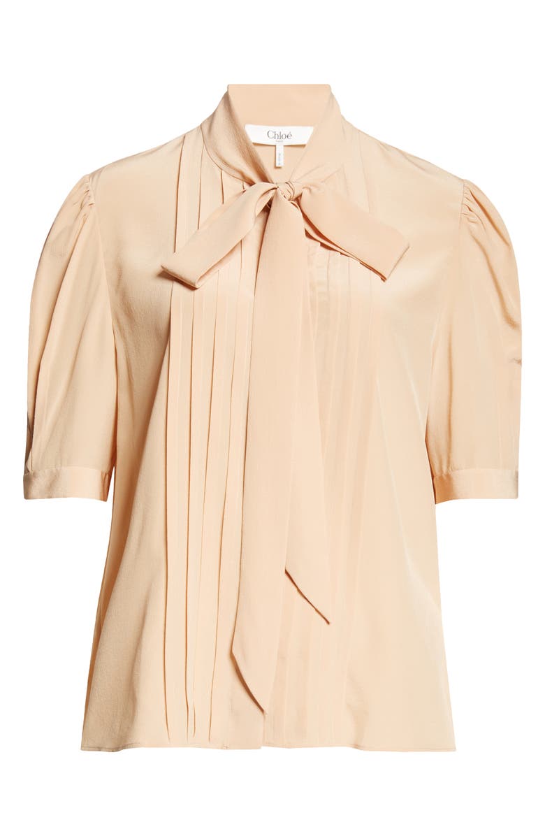 Chloé Tie Neck Short Sleeve Silk Crêpe de Chine Button-Up Shirt, Alternate, color, 