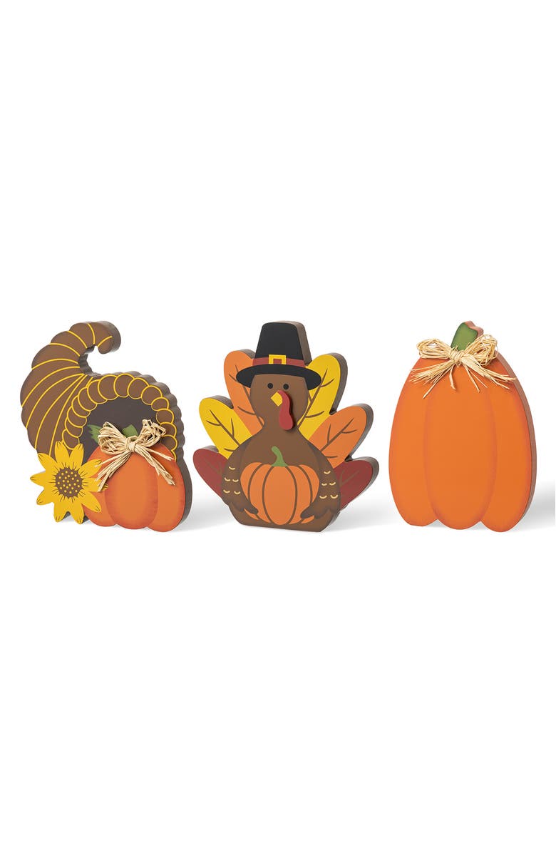 Glitzhome Set of 3 Thanksgiving Wooden Pumpkin Turkey Table Decor, Main, color, 