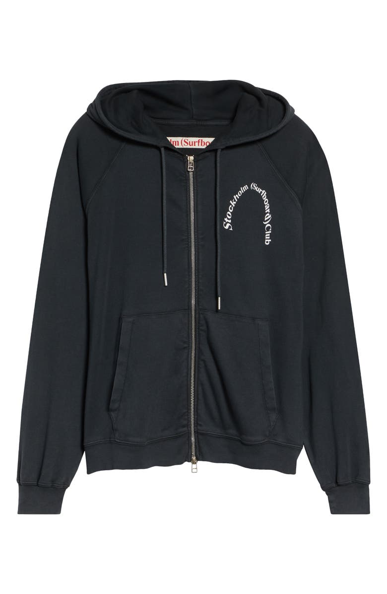STOCKHOLM SURFBOARD CLUB Petite Logo Organic Cotton Zip Graphic Hoodie, Main, color, Black