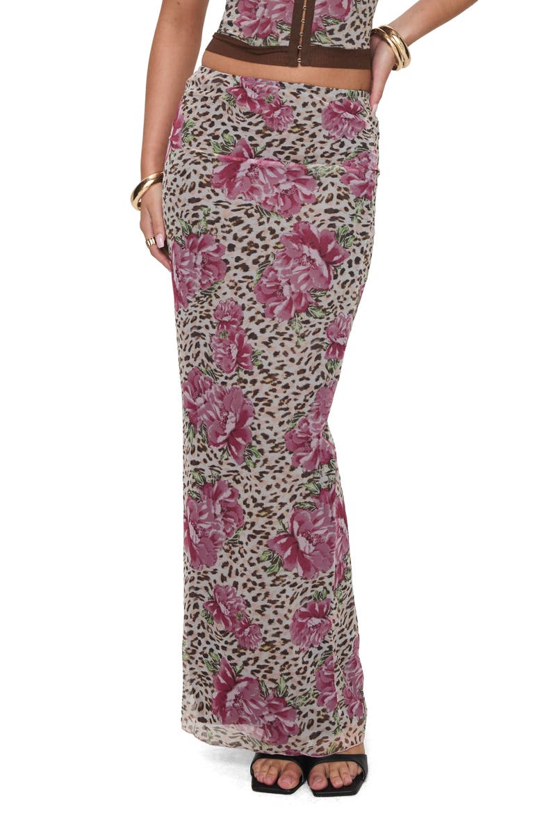 Princess Polly Colton Floral Leopard Mesh Maxi Skirt, Main, color, Brown