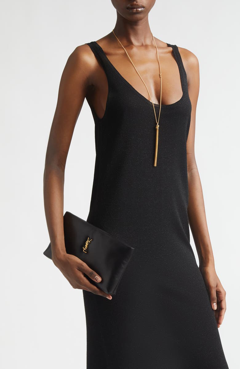 Saint Laurent Calypso Long Leather Pouch Clutch, Alternate, color, Noir