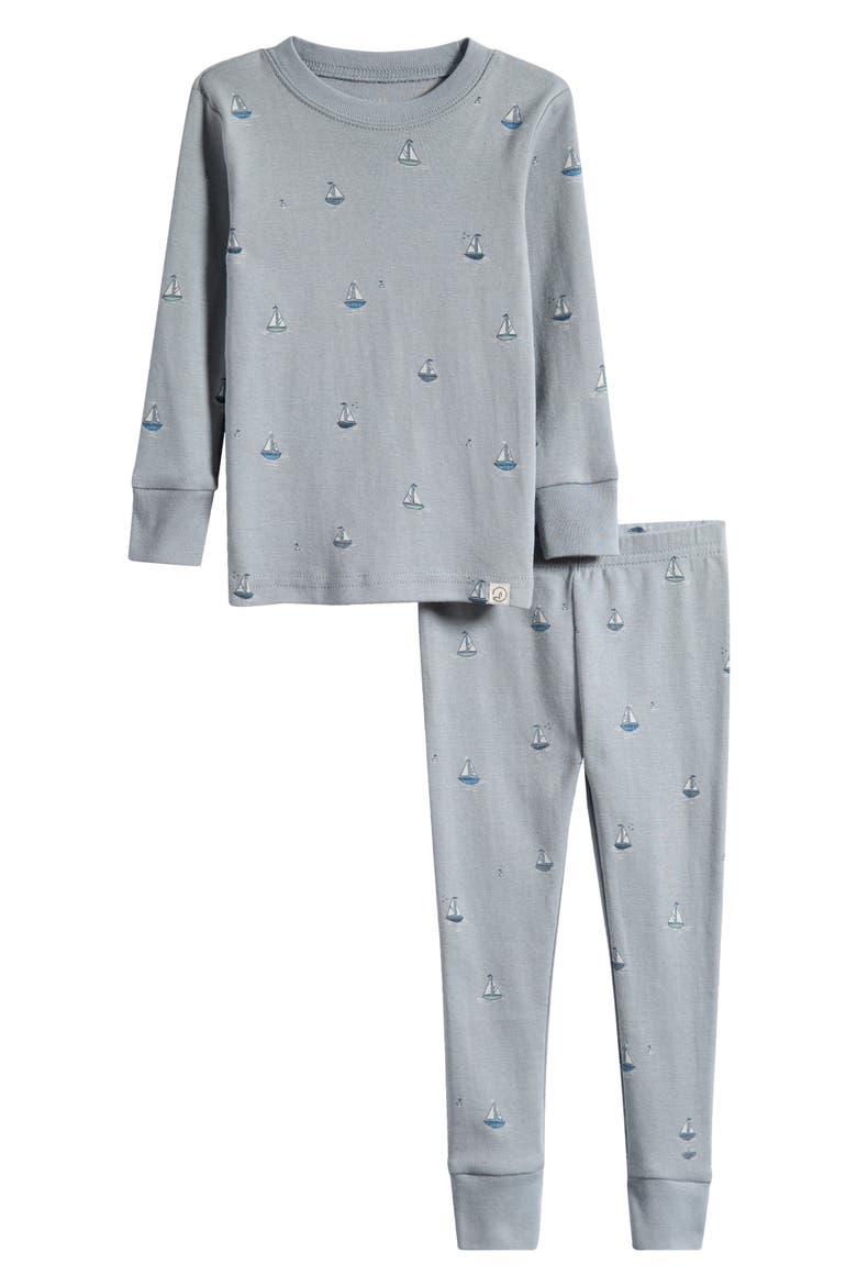 Print Fitted Organic Cotton Two-Piece Pajamas, Main, color, SAIL BOATS