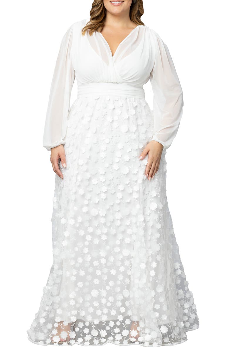 Kiyonna Enchanted Garden Long Sleeve Gown, Main, color, Ivory Blossoms