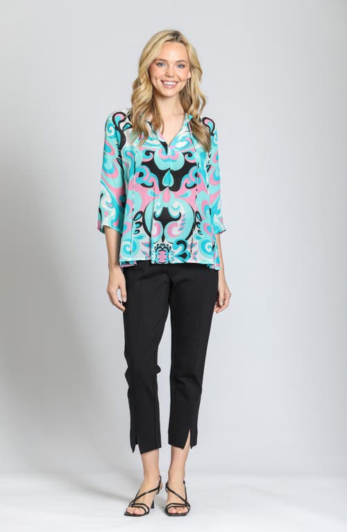 Apny Print Tassel Split Neck Chiffon Top In Turquoise Multi