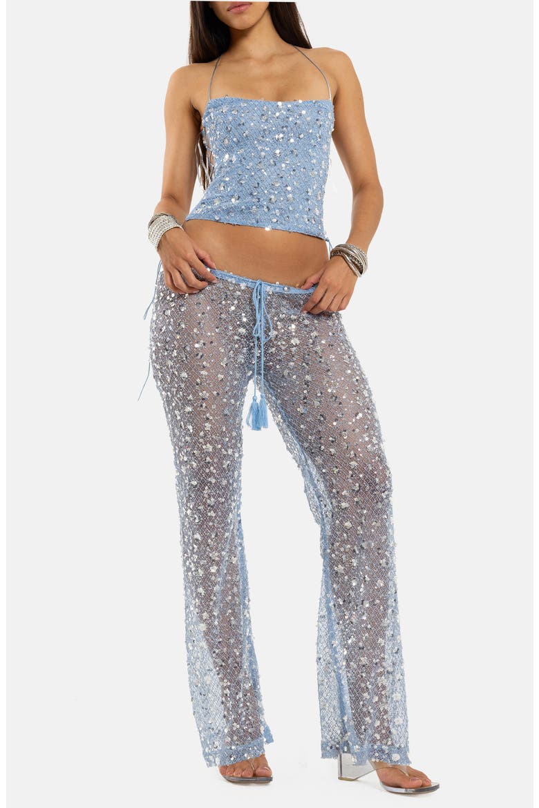 Sequin Embellished Sheer Lace Pants, Alternate, color, TURQUOISE