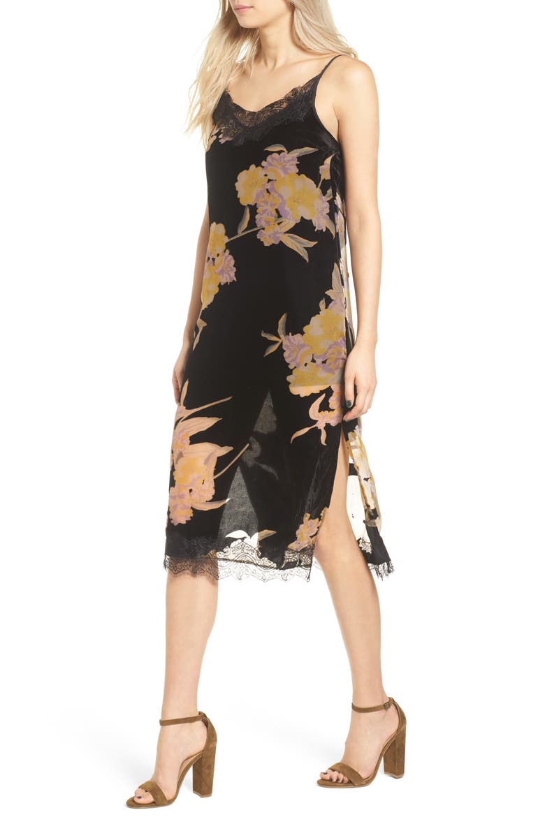Velvet Burnout Midi Dress, Alternate, color, BLACK YELLOW