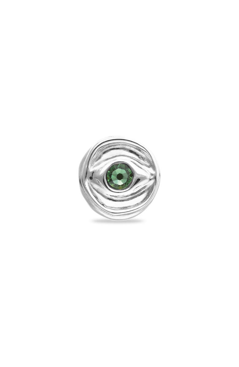 UNODE50 Sterling silver plated signet ring in the shape of an eye with green faceted crystal, Main, color, Silver