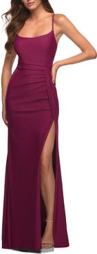 La Femme Jersey Luxe Gown with Draped Slit and Strappy Back