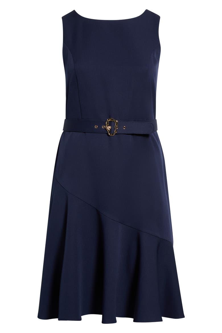 Belted Ruffle Hem Crepe Dress, Alternate, color, NAVY