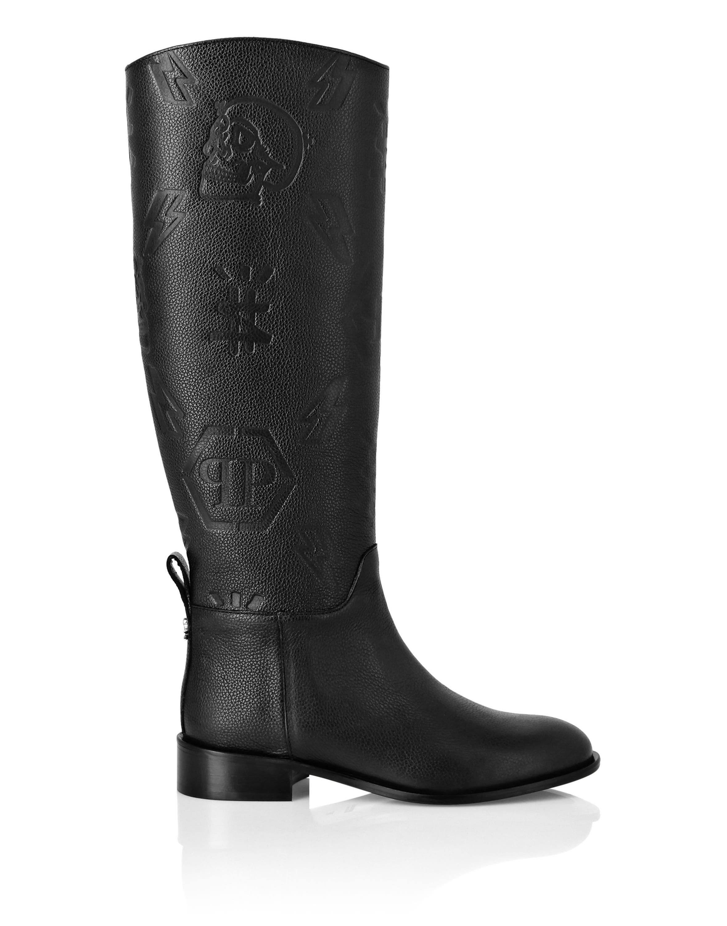 Leather Lo-Heels Mid Boots Monogram Women, Alternate, color, black