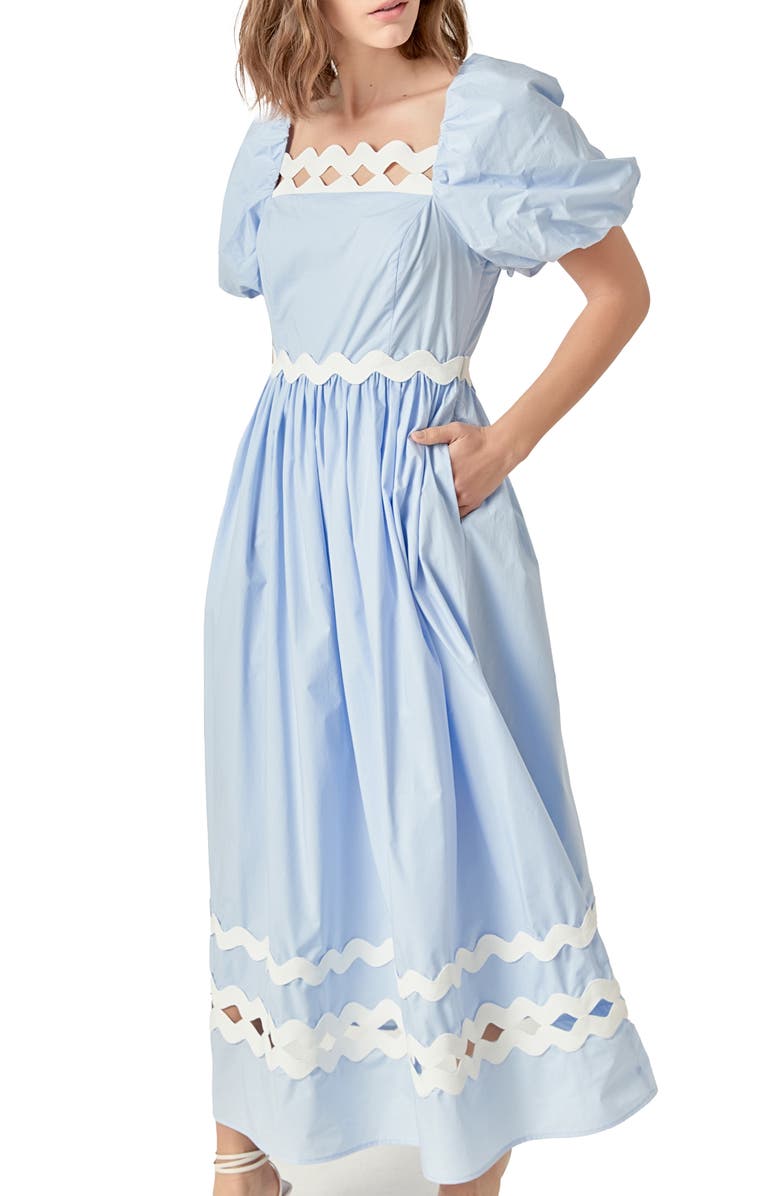 English Factory Scalloped Puff Sleeve Cotton Maxi Dress, Alternate, color, Powder Blue/ Cream