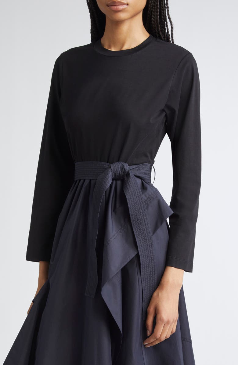 3.1 Phillip Lim Mixed Media Long Sleeve Handkerchief Hem Cotton Blend Dress, Alternate, color, Black/ Midnight