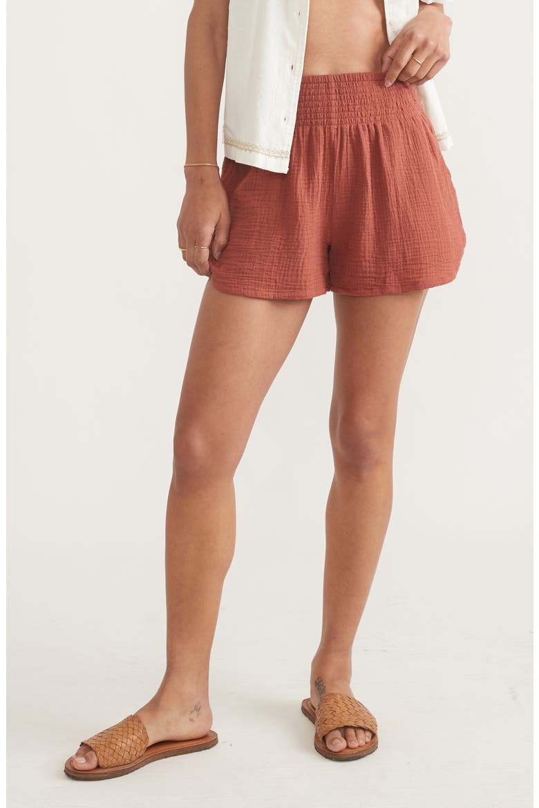Corinne Smocked Double Cloth Cotton Shorts, Main, color, RUST
