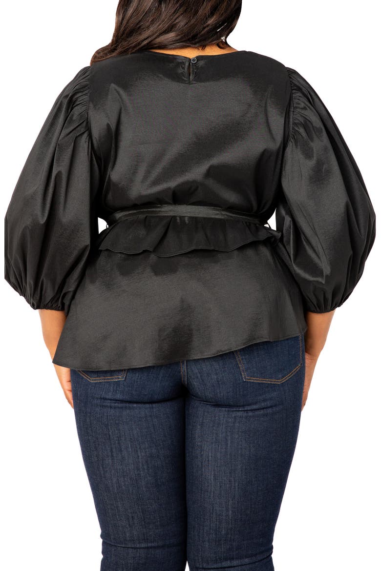 Tie Waist Voluminous Elbow Sleeve Taffeta Peplum Top, Alternate, color, BLACK