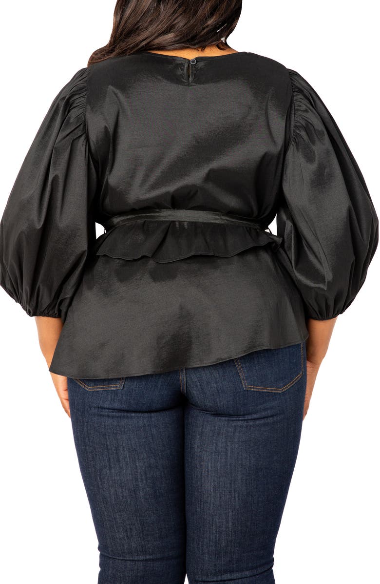 BUXOM COUTURE Tie Waist Voluminous Elbow Sleeve Taffeta Peplum Top, Alternate, color, Black